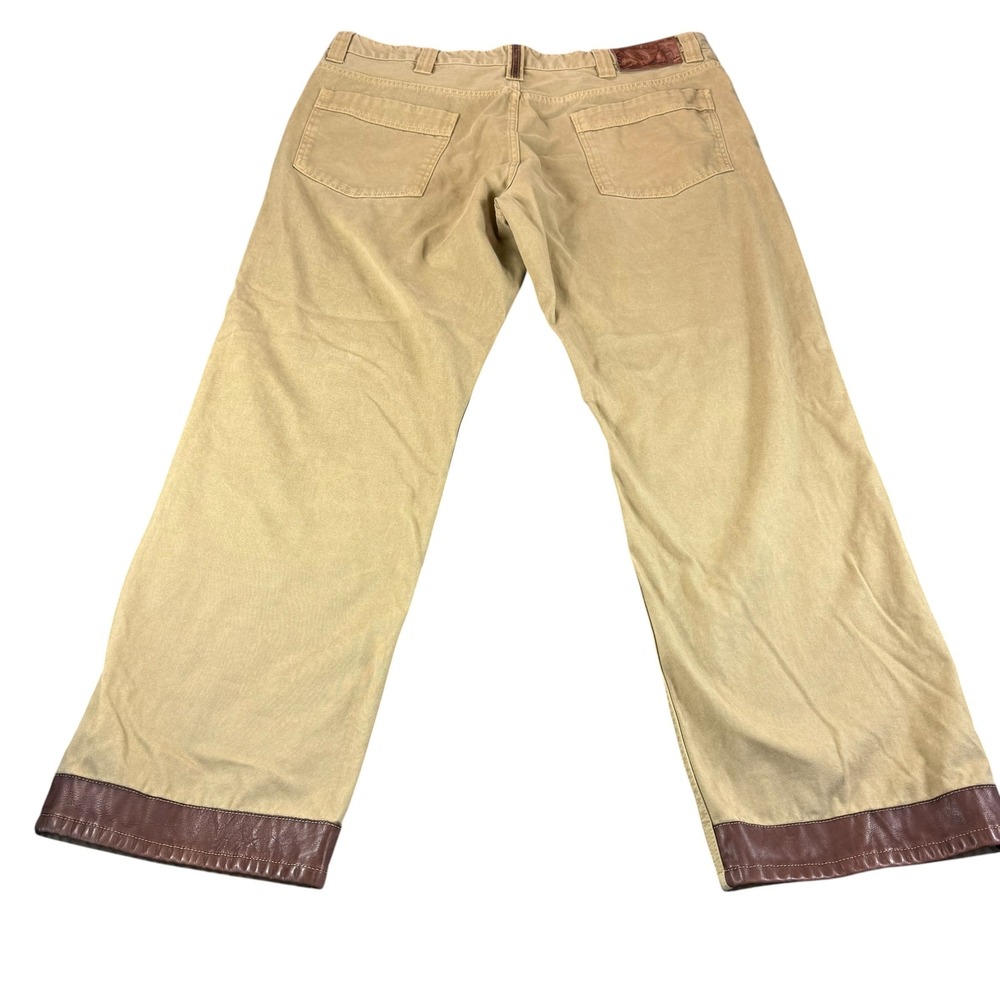 Eddie Bauer Mens 42x32 Khaki Tan Cotton Canvas Leather Trim Straight Leg Pants - Picture 9 of 13